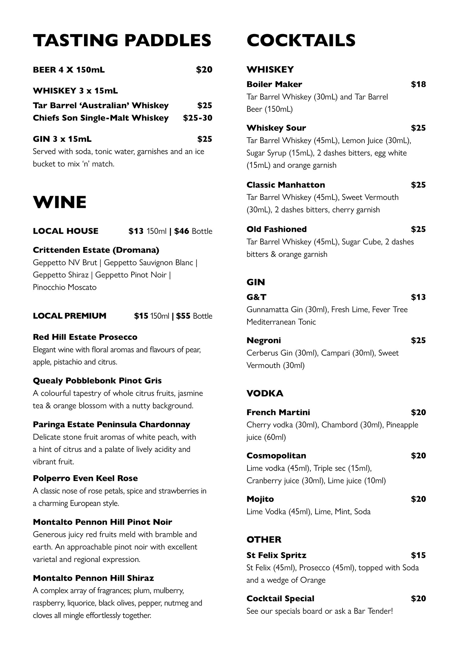 Tar Barrel Wine and Cocktails menu
