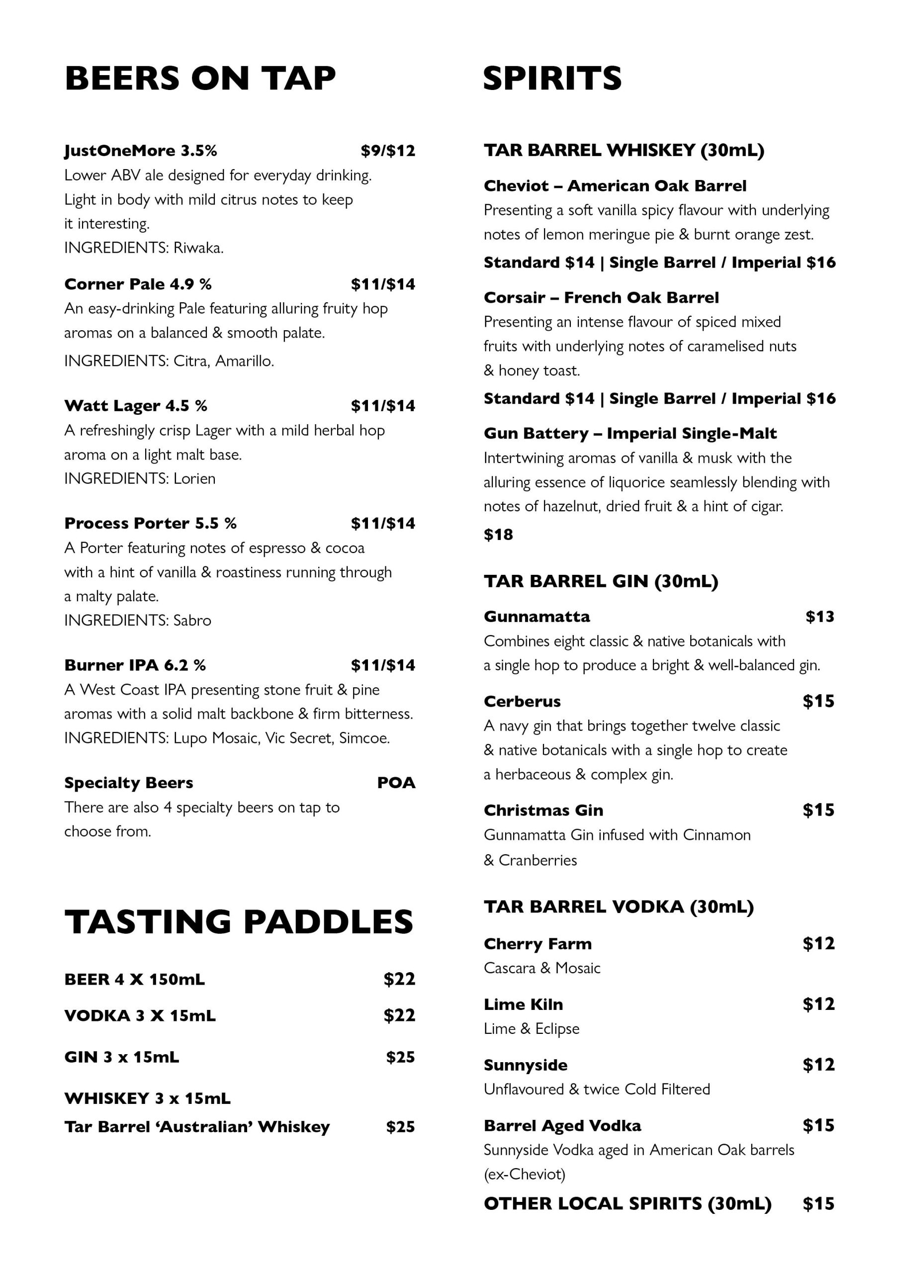 A4-Drinks-Menu-October-202501 Tar Barrel Drinks Menu 2025 Beer and Spirits