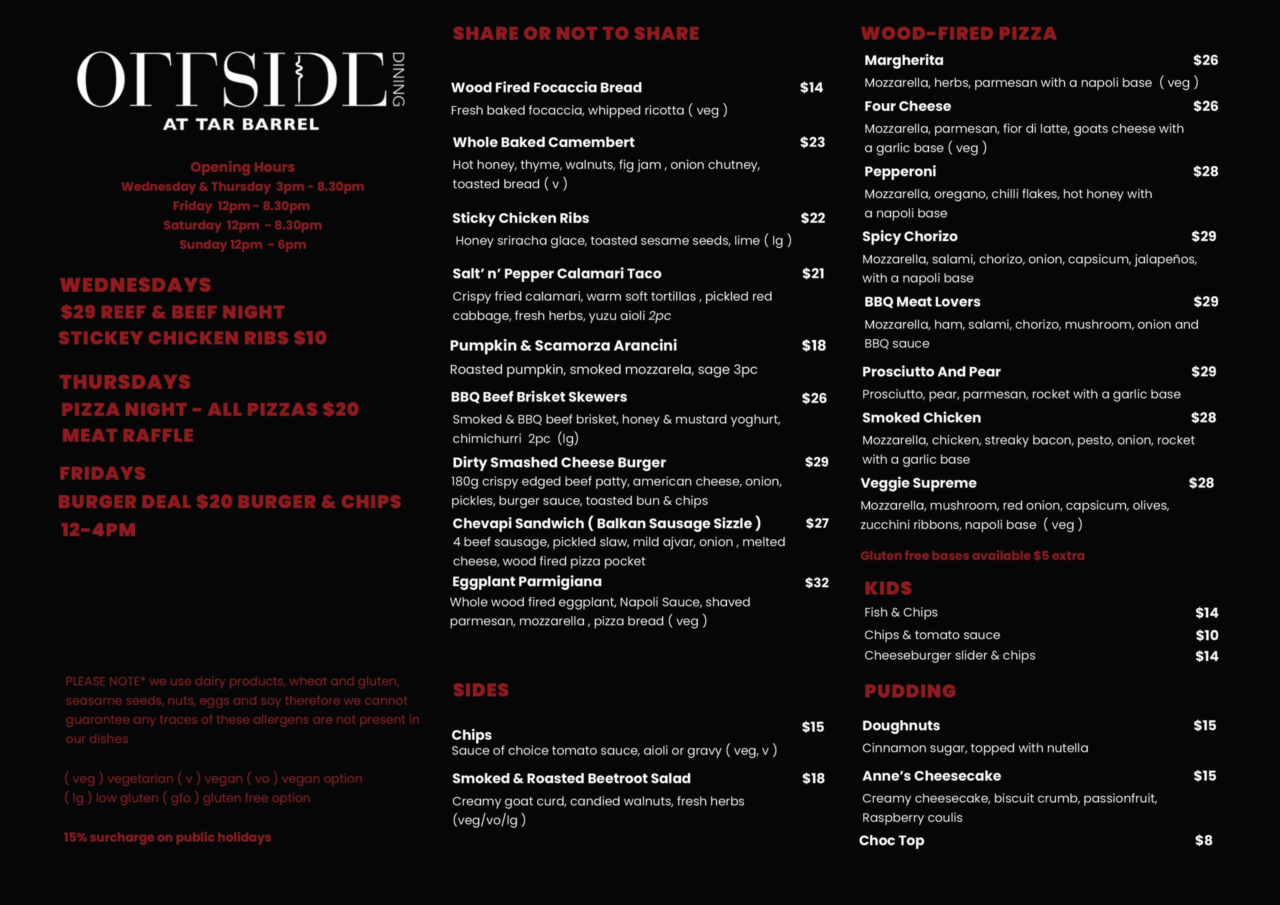 Offside Dining Menu
