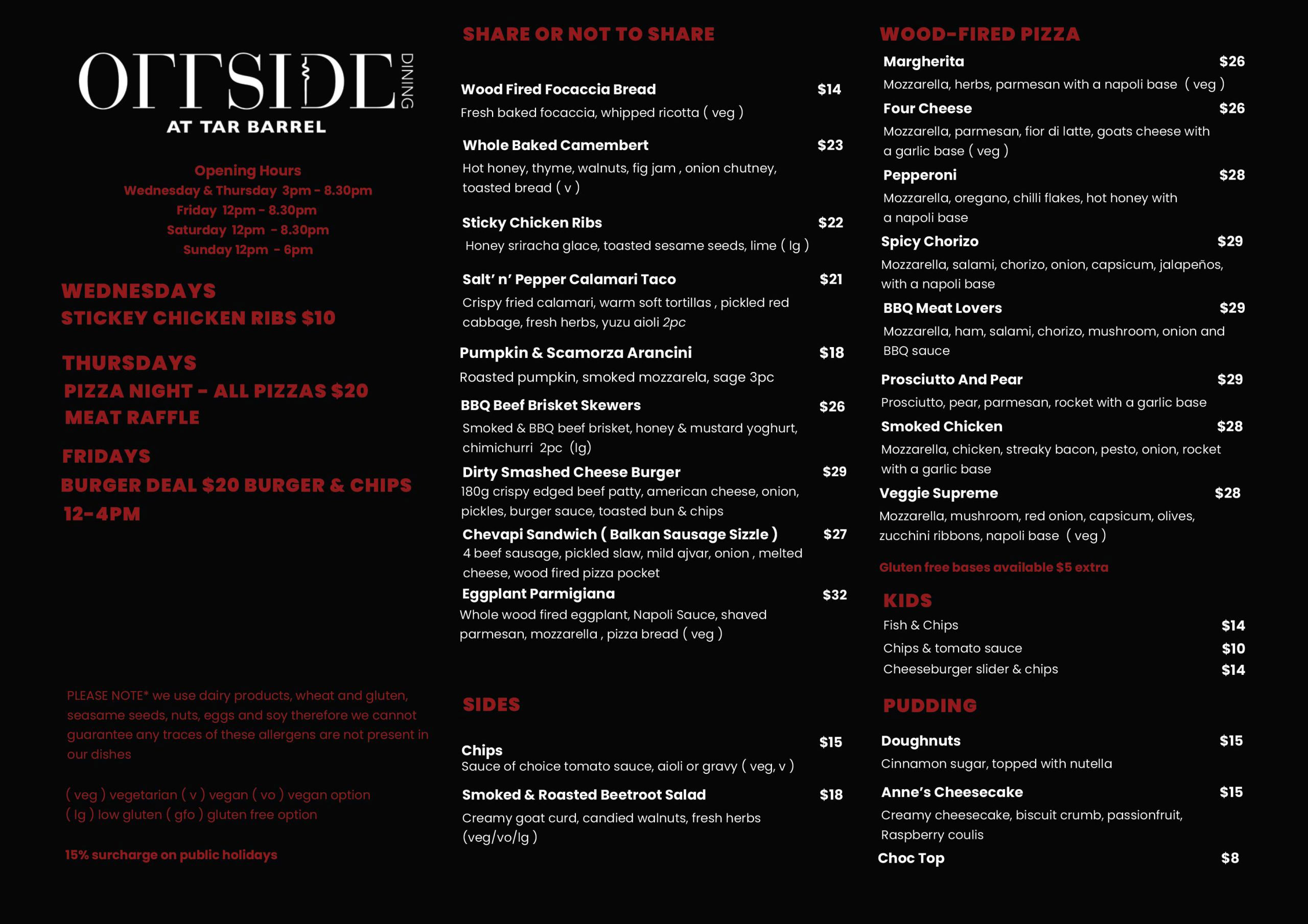 Offside Dining at Tar Barrel menu