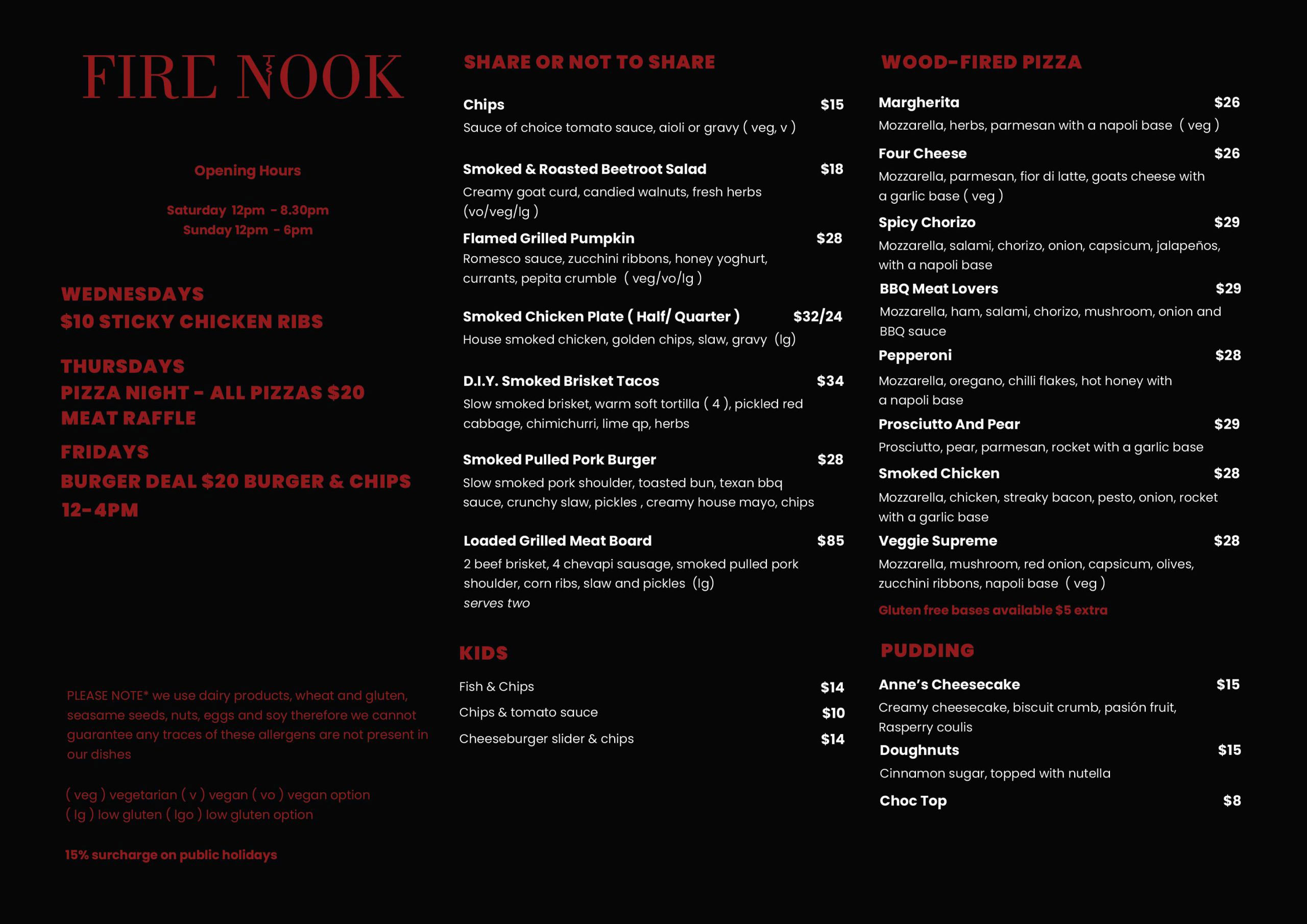 Offside Dining Firenook at Tar Barrel menu