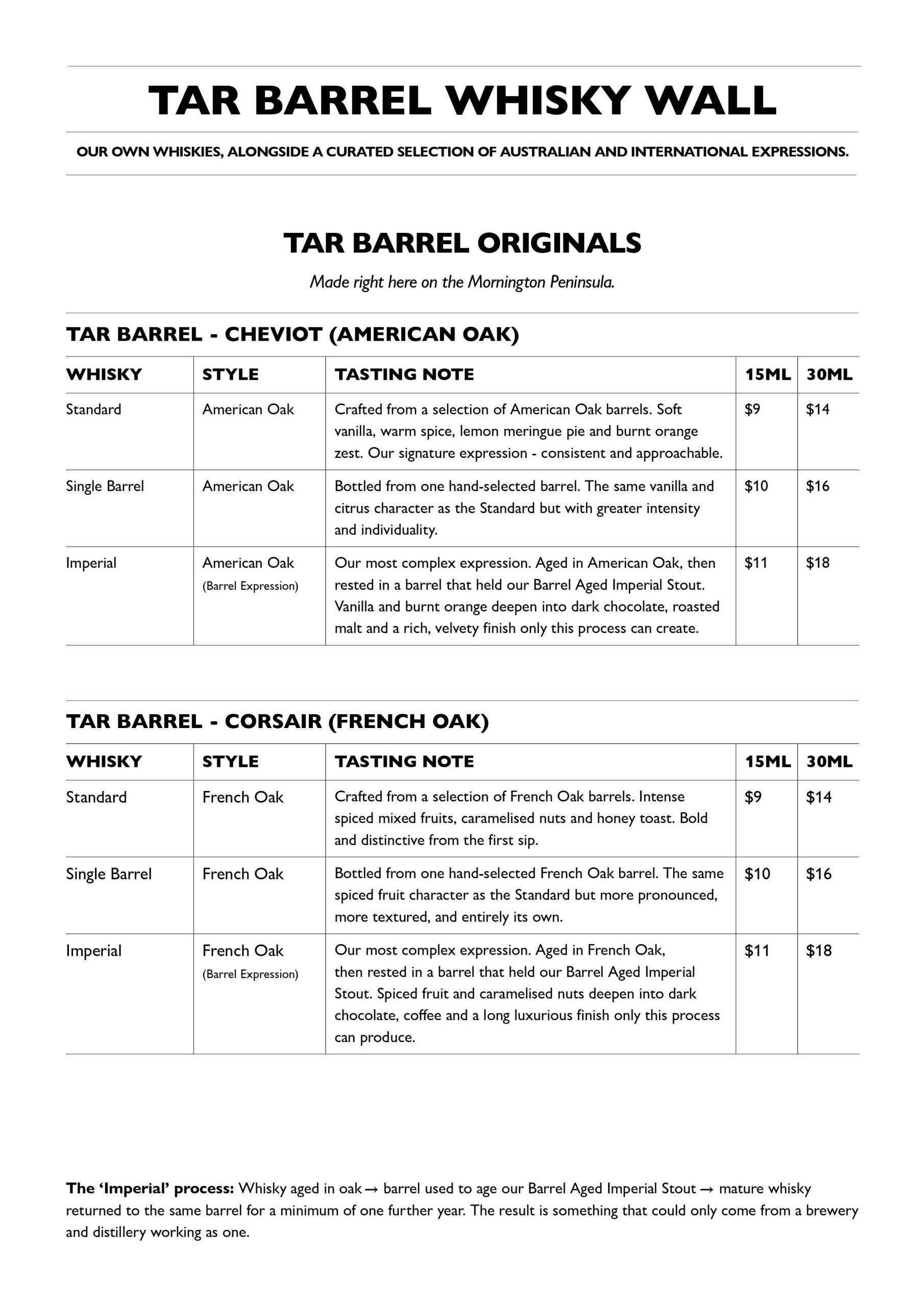 A4-Whisky-Wall-Menu-April-2026-Web-1 Tar Barrel Whiskey Menu Page 1